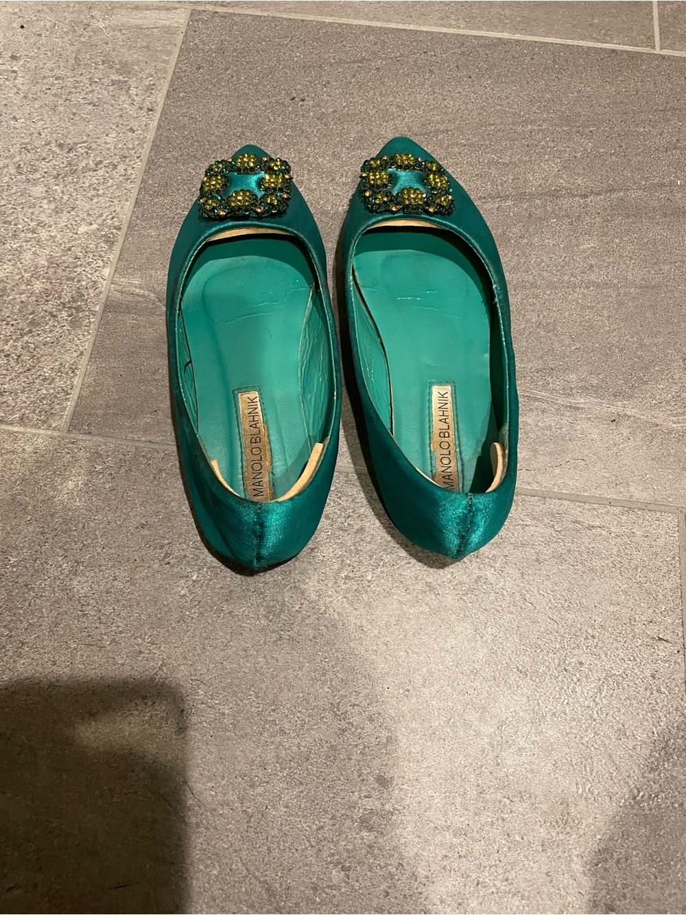 Manolo Blahnik Hangisi Satin Flats—Teal, Crystal Buckle (EU 35)